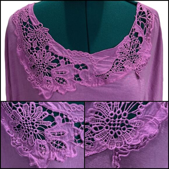 Luv Me More Embellished Crochet Neck Hi Lo Loose Tee Shirt Top Plus Size 3X Pink - Picture 3 of 13